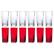 Kit 12 Copos de Vidro 320ML 6+6 Vermelho e Transparente Suco