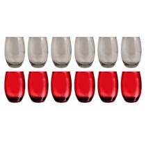 Kit 12 Copos de Vidro 450ml 6 Vermelho + 6 Cinza Redondo