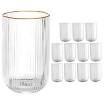 Kit 12 Copos Vidro Versalhes Borda Dourada Canelado Bulk Long Drink Agua 420ml