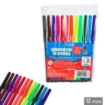 Kit 12 cores caneta hidrográfica papelaria escolar básica útil