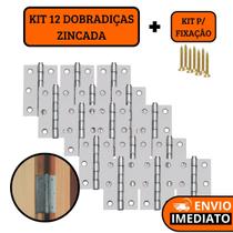 Kit 12 Dobradiças Zincada Com Parafuso Para Porta De Madeira 6,4cm