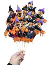 Kit 12 Enfeites Bruxa Espantalho Palito Festa Halloween 30cm