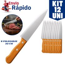 Kit 12 Facas de Cozinha Inox com Cabo de Madeira 8 Polegadas Facas Afiadas para Corte Profissional