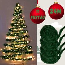 Kit 12 Festão Verde Com 2 Metros Cada Enfeite De Natal Decoração Natalina Guirlanda Corda Fitilho Fita Ornamento Natal