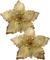 Kit 12 Flores Artificial Glitter Dourado Enfeite Natal 25cm