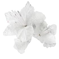 Kit 12 Flores Brancas Com Cabo Artificial Decoração De Natal Com Glitter 22cm