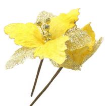 Kit 12 Flores Com Cabo Artificial Decoração De Natal Com Glitter 27cm Kit 12 Flores Com Cabo Artificial Decoração De Natal Com Glitter 27cm