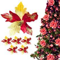 Kit 12 Flores de Natal Enfeite Vermelho Árvore Glitter Kit 12 Flores de Natal Enfeite Vermelho Árvore Glitter