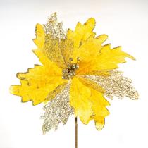 Kit 12 Flores Decoração Natal Artificial Brilho Amarela 30cm