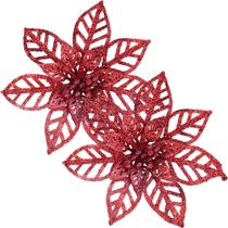 Kit 12 Flores Gliter Vermelha Decoração Árvore De Natal 14cm Kit 12 Flores Gliter Vermelha Decoração Árvore De Natal 14cm