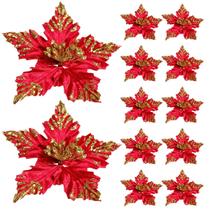 Kit 12 Flores Natal Vermelho Com Glitter Dourado Árvore Luxo Kit 12 Flores Natal Vermelho Com Glitter Dourado Árvore Luxo