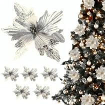 Kit 12 Flores Prata Com Glitter Enfeite Natalino Árvore Luxo