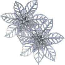 Kit 12 Flores Prata Gliter Decoração Árvore De Natal De 14cm Kit 12 Flores Prata Gliter Decoração Árvore De Natal De 14cm