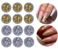 Kit 12 Folhas De Ouro E Prata Encapsulamento Unhas Decoração