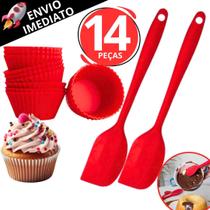 Kit 12 Forma Forminha de SIlicone Cupcake Muffin e 2 Espátula De Silicone Pão Duro Resistente