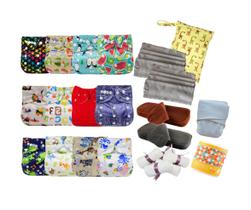 Kit 12 Fraldas Ecológicas 20 Absorventes e Acessórios MENINA/MENINO/UNISSEX