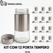 Kit 12 Frasco Porta Tempero Cozinha Condimento Saleiro Pimenta Vidro Transparente Tampa Inox 120ml Kit 12 Frasco Porta Tempero Cozinha Condimento Saleiro Pimenta Vidro Transparente Tampa Inox 120ml