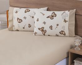 Kit 12 Fronhas Avulsas 80x60cm Percal 100% Algodão 180 Fios Estampada Borboleta Caqui c/ Barrado Caqui
