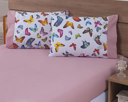 Kit 12 Fronhas Avulsas 80x60cm Percal 100% Algodão 180 Fios Estampada Borboleta Colorida c/ Barrado Rose