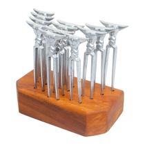 Kit 12 Garfos Petisco para Churrasco + Suporte em Madeira Rústico