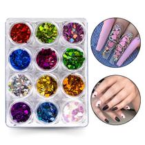 Kit 12 Glitter Formato Coração Holográfico Coloridos Para Decoração Unhas Nail Art Encapsulamentos Manicure Design