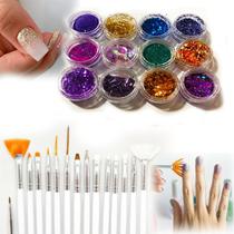 Kit 12 Glitter Purpurina + 15 Pinceis Maquiagem Artistica Decoração Unha Gel Acrigel Porcelana
