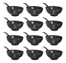 Kit 12 Jogo Tigela Bowl Sopa Colher Gourmet Oriental Lengue Preto