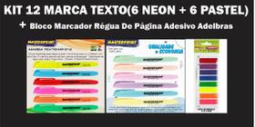 Kit 12 Marca Texto(6 Neon + 6 Pastel) + Marcador De Página Memo Notes 8 Cores C/ Régua - Adelbras
