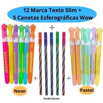 Kit 12 Marca Texto Slim ( Pastel e Neon) Masterprint + 5 Canetas Esferográficas Wow 0.7mm Jocar