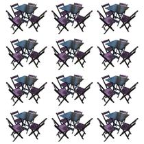 Kit 12 Mesas de Madeira Dobrável Preto 70x70 com 4 Cadeiras Dobráveis Roxo