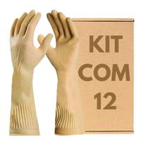 Kit 12 Pares de Luva Látex De Limpeza Cano Longo Antiderrapante Borracha Amarela