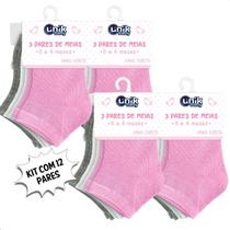Kit 12 Pares Meia Bebê Colorida Cano Longo Infantil Unik Baby Rosa-Cinza-Branco P - 0 a 6 meses