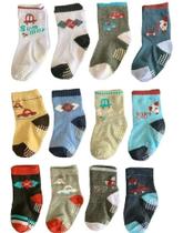 Kit 12 Pares Meias Bebê Infantil Menino Antiderrapante 0 a 12 Meses