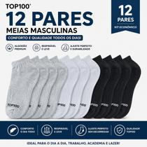 Kit 12 Pares Meias Soquete Masculina Top100 Conforto Extremo e Não Escorrega Cores Cinza, Preta e Branca