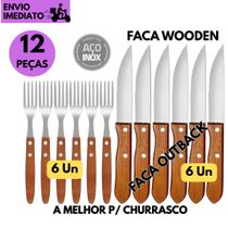 Kit 12 Pçs 6 Facas Jumbo Tipo Outback 6 Garfo Cabo Madeira Resistente Estilo Steakhouse