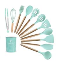 Kit 12 Pçs Utensílios De Cozinha Em Silicone Cabo Madeira