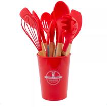 Kit 12 Pçs Utensílios de Cozinha Feito com Silicone e Cabo de Madeira Jogo Completo com Porta Talher