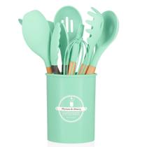 Kit 12 Pçs Utensílios de Cozinha Feito com Silicone e Cabo de Madeira Jogo Completo com Porta Talher Kit 12 Pçs Utensílios de Cozinha Feito com Silicone e Cabo de Madeira Jogo Completo com Porta Talher