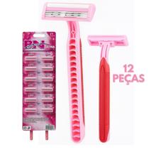 Kit 12 Peças Barbeador Descartáveis Rosa com 3 Lâminas e Fita Lubrificante Antialérgico Multiuso