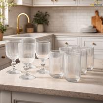 Kit 12 peças Copos Taças Caneladas Conjunto Suco Agua 400ml Grande Vidro Fume Taça Cozinha Casa Duhome