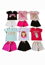 kit 12 Peças de Roupas Infantil Feminina 6 Camisetas e 6 Bermudas