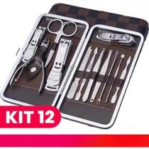 Kit 12 Peças Instrumento Inox Manicure Pedicure Sobrancelha Estojo Cortador de Unhas Tesoura Pinça