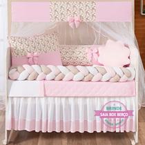 Kit 12 peças Protetor Berço Americano Trançado Menina Florido Laço Doce de Bebê Rosa com saia de berço