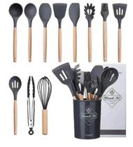 Kit 12 Peças Silicone Bambu Resistente Utensílios Cozinha