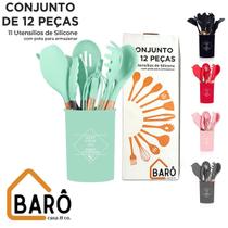 Kit 12 Peças Utensílios Cozinha Em Silicone Maciço E Cabos De Madeira Não Risca Panela - Barô