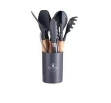 Kit 12 Peças Utensílios Cozinha Silicone Com Cabo De Madeira
