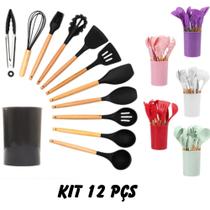 Kit 12 Peças Utensílios De Cozinha Colher De Silicone Cabo Madeira Talher