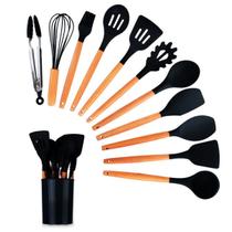 Kit 12 Peças Utensilios de Cozinha Colher Espatula Fue Pincel Cor:Preto