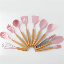 Kit 12 Peças Utensilios de Cozinha Colher Espatula Fue Pincel Cor:Rosa