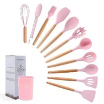 Kit 12 Pecas Utensilios De Cozinha Completo Silicone Cabo Em Madeira Espatula Pegador Concha